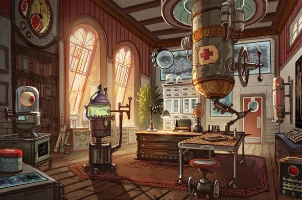 A steampunk laboratory with a green bubbling tank, a big medical boiler and a cluttered desk, from the game The Chronicles of Dr. Zammsy